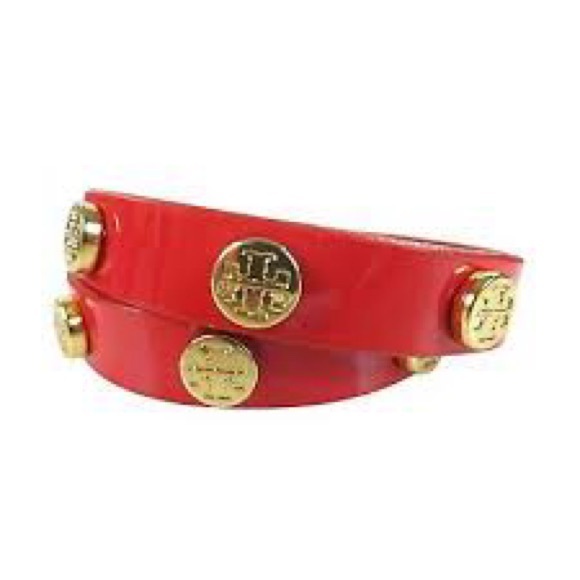 TORY BURCH LEATHER RED DOUBLE WRAP LOGO STUD BRACELET! - Picture 4 of 4